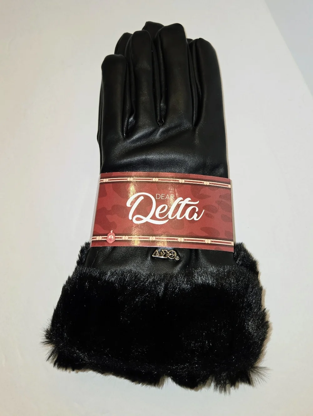 Dear Delta Black Faux Leather Gloves with Fur Cuff NEW
